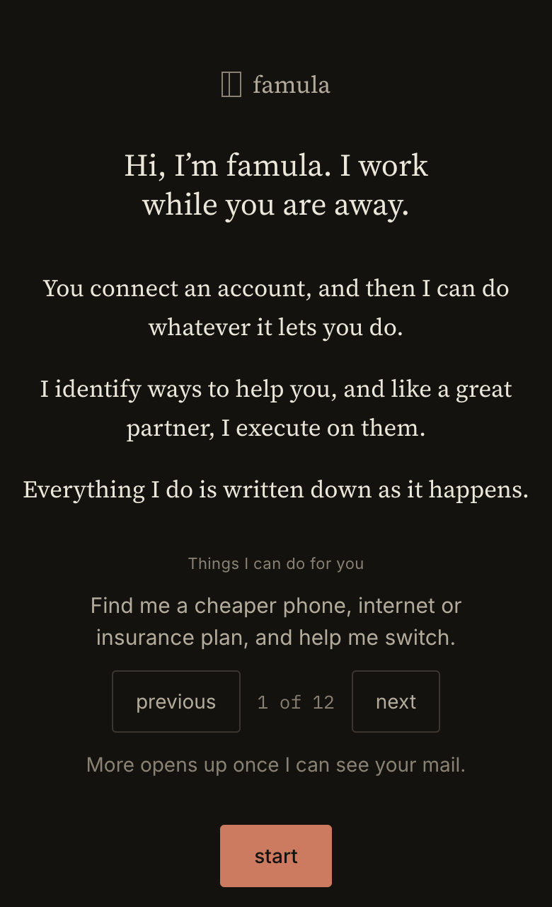 famula's welcome: Hi, I'm famula. I work while you are away.