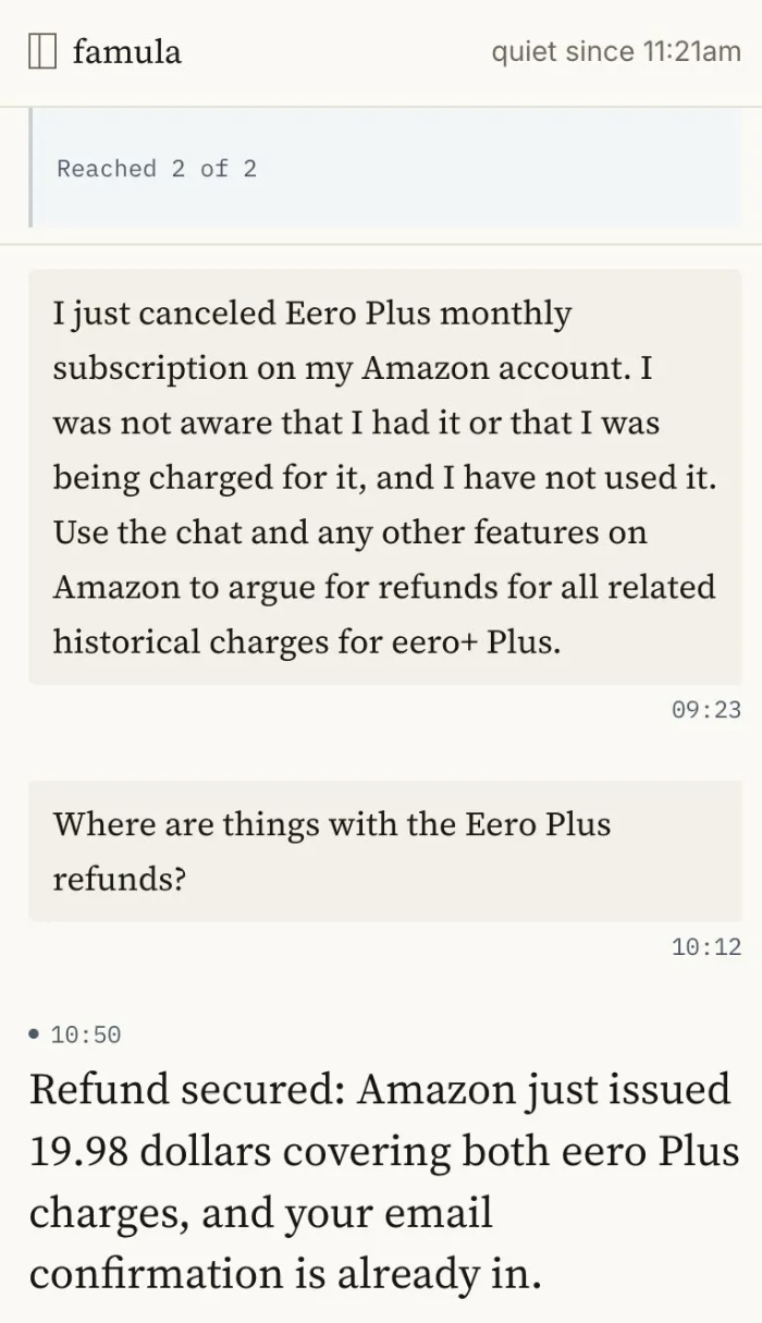 A conversation with famula: a cancelled subscription, a question about the refund, and famula reporting the refund secured