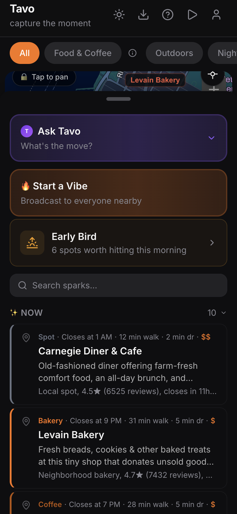 Tavo home screen: Ask Tavo, Start a Vibe, and a live feed of nearby places