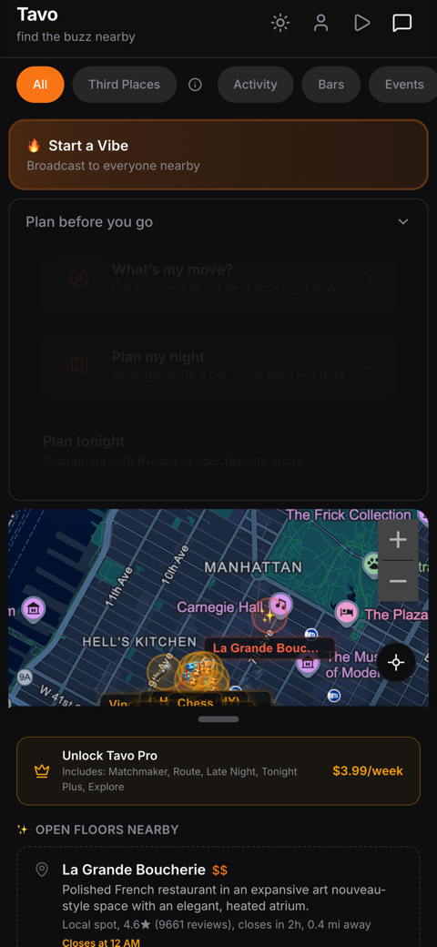 Tavo map view showing venue pins across Manhattan